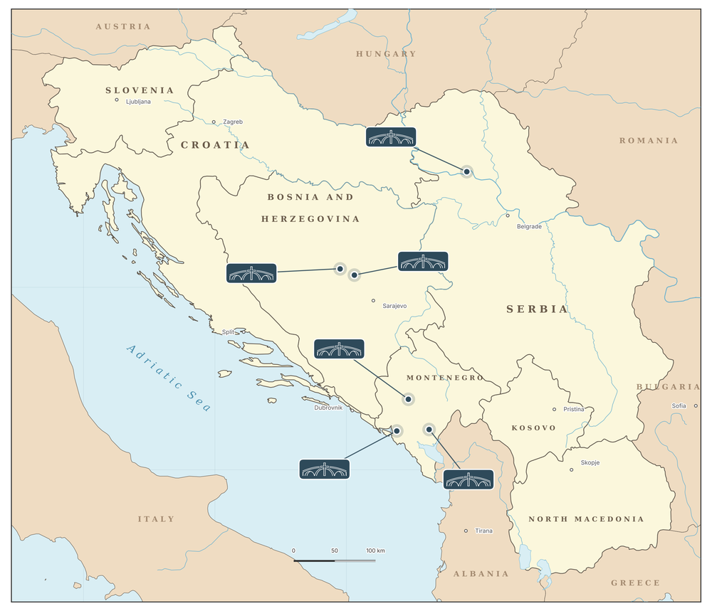 Map of the Balkans marking the cities and churches where BGP's partnerships are based