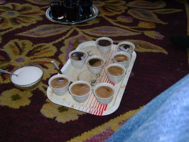 Cups of Bosnian coffee set out on a tray
